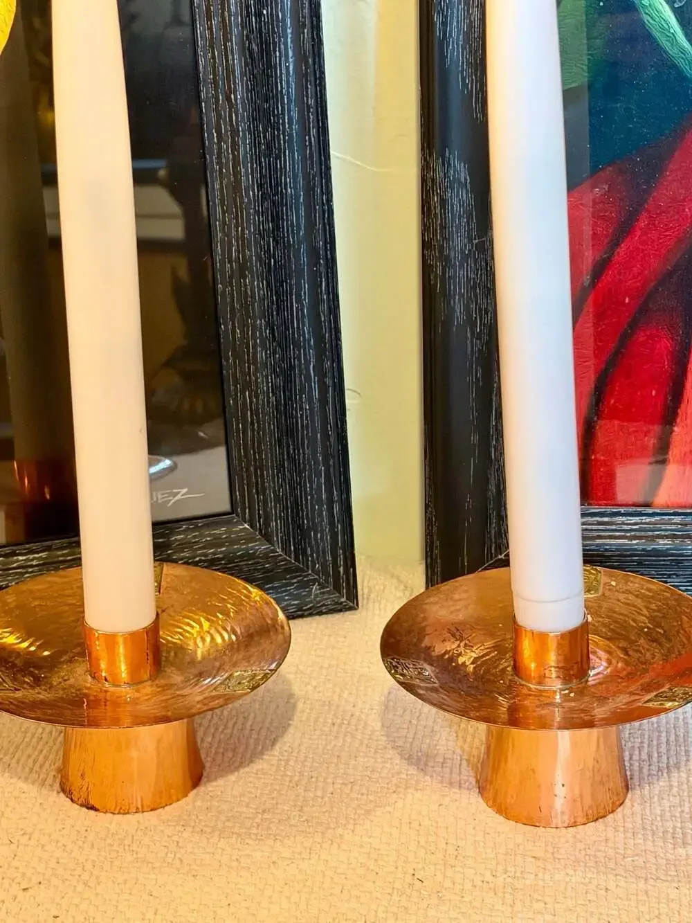 Vintage Hand-Hammered Copper Candlestick Holders with Flameless Taper Candles